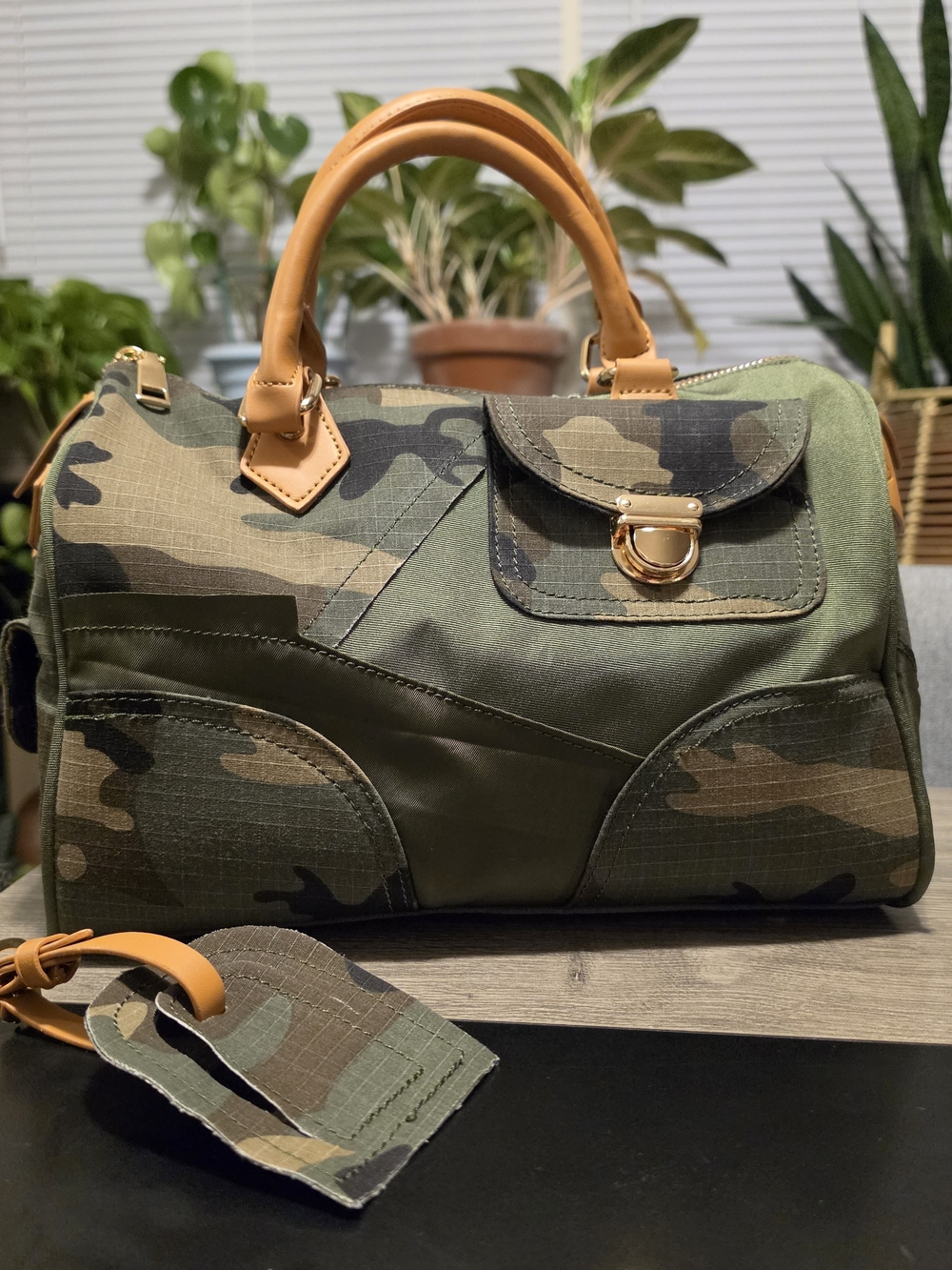 Camouflage Patchwork Canvas Satchel Bag with Tan Handles